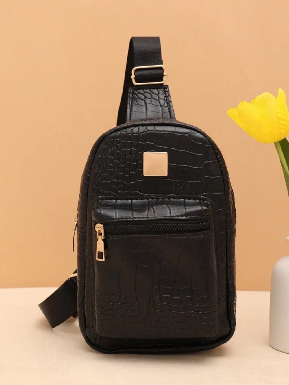 Black Croc-Texture Sling Bag with Gold Hardware